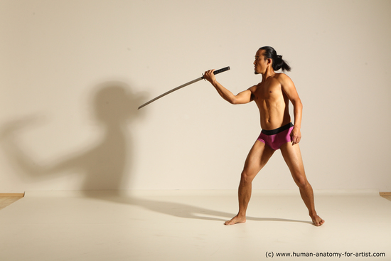 Underwear Fighting with sword Man Asian Athletic Long Black Dynamic poses Academic