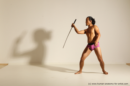 Underwear Fighting with sword Man Asian Athletic Long Black Dynamic poses Academic