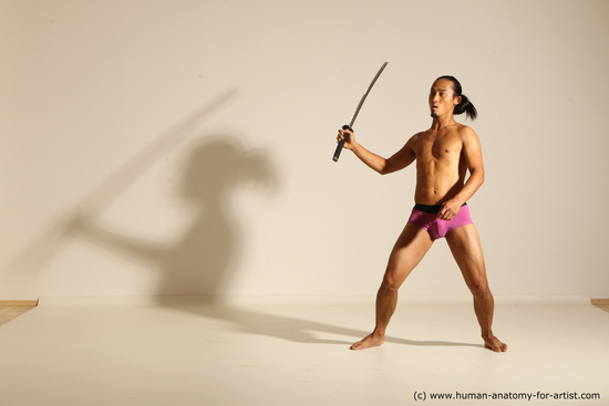 Underwear Fighting with sword Man Asian Athletic Long Black Dynamic poses Academic