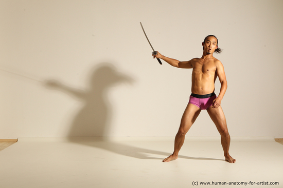 Underwear Fighting with sword Man Asian Athletic Long Black Dynamic poses Academic