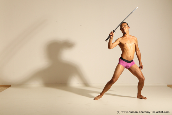 Underwear Fighting with sword Man Asian Athletic Long Black Dynamic poses Academic