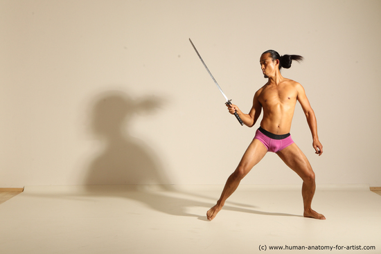 Underwear Fighting with sword Man Asian Athletic Long Black Dynamic poses Academic