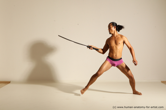 Underwear Fighting with sword Man Asian Athletic Long Black Dynamic poses Academic