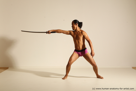 Underwear Fighting with sword Man Asian Athletic Long Black Dynamic poses Academic