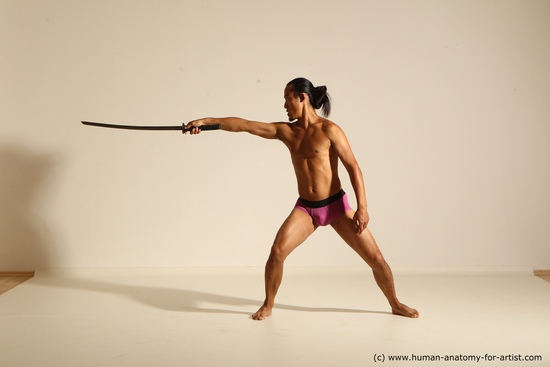 Underwear Fighting with sword Man Asian Athletic Long Black Dynamic poses Academic