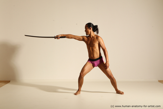 Underwear Fighting with sword Man Asian Athletic Long Black Dynamic poses Academic