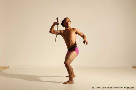 Underwear Fighting with sword Man Asian Athletic Long Black Dynamic poses Academic