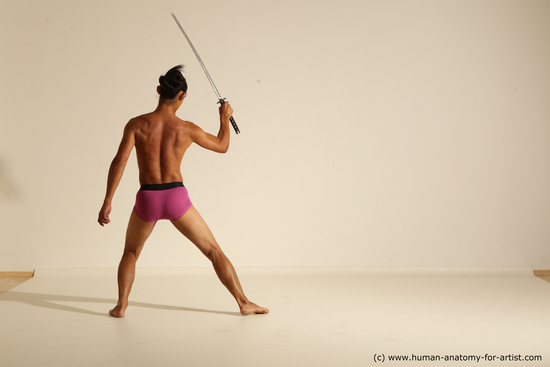 Underwear Fighting with sword Man Asian Athletic Long Black Dynamic poses Academic