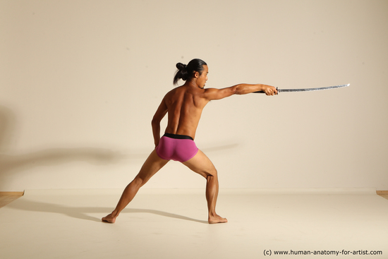 Underwear Fighting with sword Man Asian Athletic Long Black Dynamic poses Academic