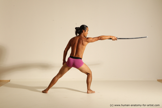 Underwear Fighting with sword Man Asian Athletic Long Black Dynamic poses Academic