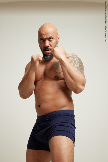 Underwear Fighting Man Black Moving poses Muscular Bald Dynamic poses Academic