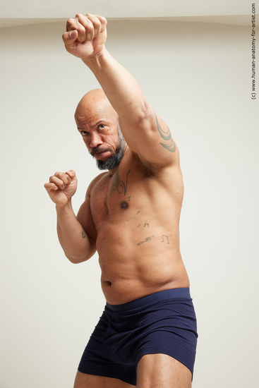 Underwear Fighting Man Black Moving poses Muscular Bald Dynamic poses Academic