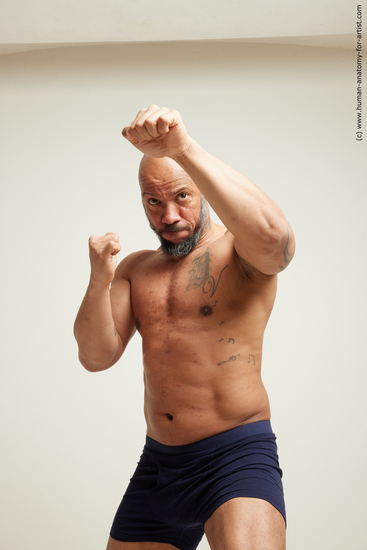 Underwear Fighting Man Black Moving poses Muscular Bald Dynamic poses Academic