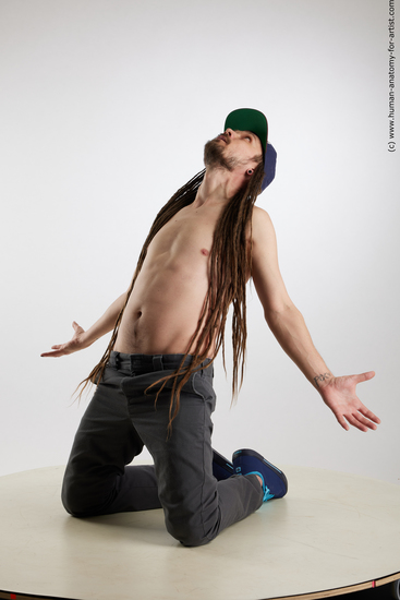 Casual Man White Kneeling poses - ALL Slim Brown Kneeling poses - on both knees Dreadlocks Standard Photoshoot Academic