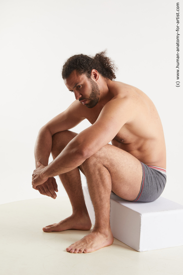 Underwear Man Black Sitting poses - simple Muscular Long Brown Sitting poses - ALL Standard Photoshoot Academic