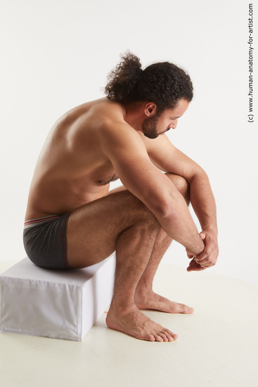 Underwear Man Black Sitting poses - simple Muscular Long Brown Sitting poses - ALL Standard Photoshoot Academic