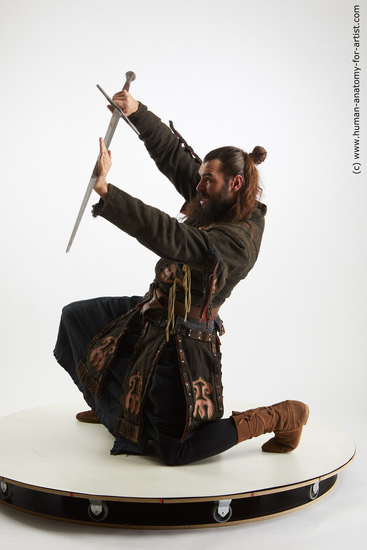 Fighting with sword Man White Kneeling poses - ALL Slim Long Brown Kneeling poses - on both knees Standard Photoshoot Academic