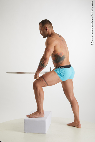 Underwear Fighting with sword Man White Standing poses - ALL Muscular Short Brown Standing poses - simple Standard Photoshoot Academic