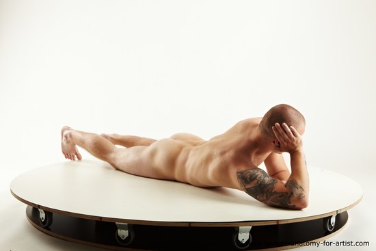 Nude Man White Laying poses - ALL Slim Short Brown Laying poses - on stomach Standard Photoshoot Realistic