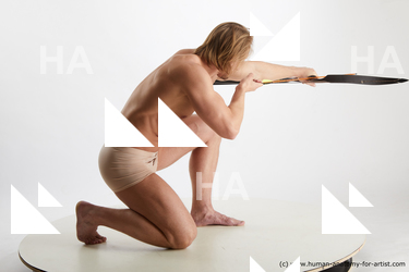 Underwear Man White Kneeling poses - ALL Athletic Medium Blond Kneeling poses - on one knee Standard Photoshoot Academic
