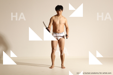 Underwear Fighting with sword Man Asian Standing poses - ALL Slim Short Black Dynamic poses Academic Fighting poses - ALL