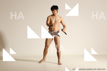 Underwear Fighting with sword Man Asian Standing poses - ALL Slim Short Black Dynamic poses Academic Fighting poses - ALL