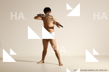 Underwear Fighting with sword Man Asian Standing poses - ALL Slim Short Black Dynamic poses Academic Fighting poses - ALL