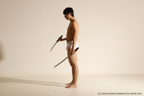 Underwear Fighting with sword Man Asian Standing poses - ALL Slim Short Black Dynamic poses Academic Fighting poses - ALL