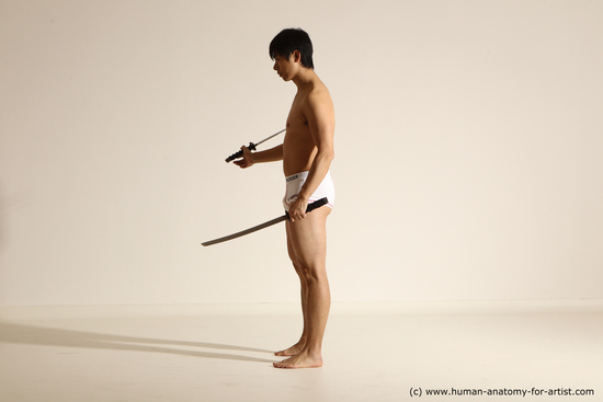 Underwear Fighting with sword Man Asian Standing poses - ALL Slim Short Black Dynamic poses Academic Fighting poses - ALL