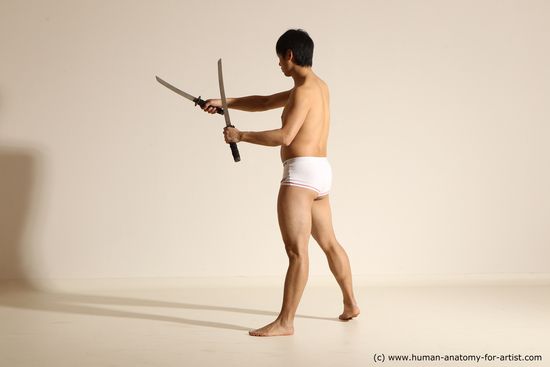 Underwear Fighting with sword Man Asian Standing poses - ALL Slim Short Black Dynamic poses Academic Fighting poses - ALL