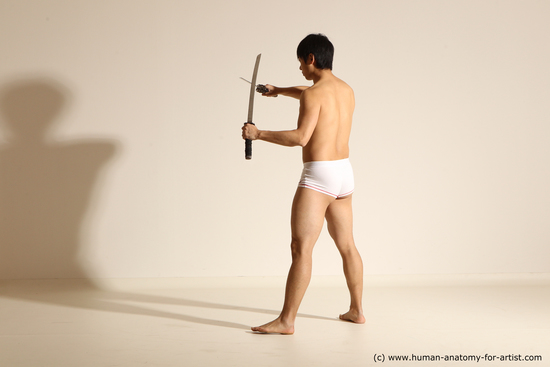 Underwear Fighting with sword Man Asian Standing poses - ALL Slim Short Black Dynamic poses Academic Fighting poses - ALL