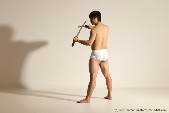 Underwear Fighting with sword Man Asian Standing poses - ALL Slim Short Black Dynamic poses Academic Fighting poses - ALL