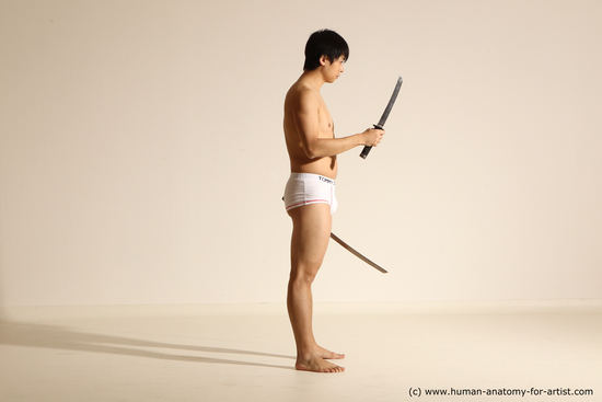 Underwear Fighting with sword Man Asian Standing poses - ALL Slim Short Black Dynamic poses Academic Fighting poses - ALL