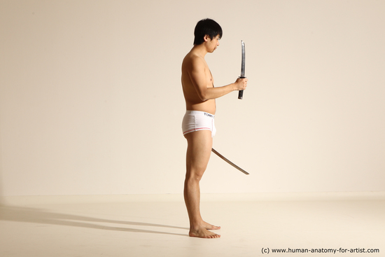 Underwear Fighting with sword Man Asian Standing poses - ALL Slim Short Black Dynamic poses Academic Fighting poses - ALL