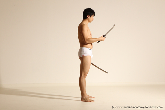 Underwear Fighting with sword Man Asian Standing poses - ALL Slim Short Black Dynamic poses Academic Fighting poses - ALL