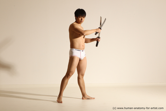 Underwear Fighting with sword Man Asian Standing poses - ALL Slim Short Black Dynamic poses Academic Fighting poses - ALL