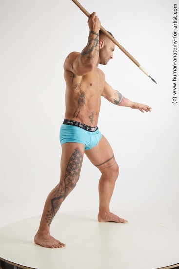 Underwear Fighting with spear Man White Standing poses - ALL Muscular Short Brown Standing poses - simple Standard Photoshoot Academic Fighting poses - ALL