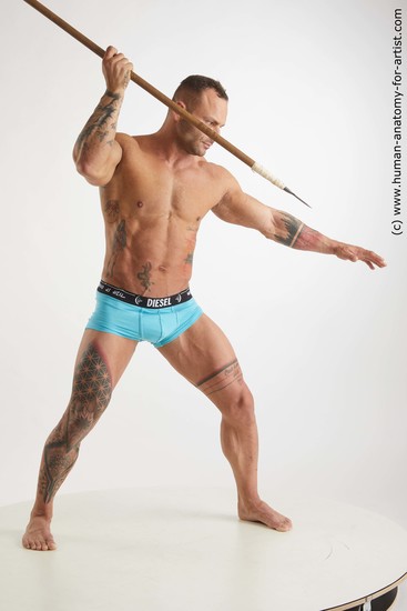 Underwear Fighting with spear Man White Standing poses - ALL Muscular Short Brown Standing poses - simple Standard Photoshoot Academic Fighting poses - ALL