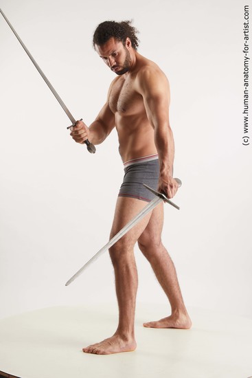 Underwear Fighting with sword Man Black Standing poses - ALL Muscular Medium Black Standing poses - simple Standard Photoshoot Academic Fighting poses - ALL