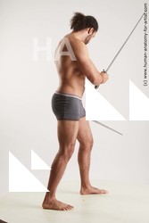 Underwear Fighting with sword Man Black Standing poses - ALL Muscular Medium Black Standing poses - simple Standard Photoshoot Academic Fighting poses - ALL
