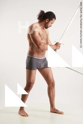 Underwear Fighting with sword Man Black Standing poses - ALL Muscular Medium Black Standing poses - simple Standard Photoshoot Academic Fighting poses - ALL