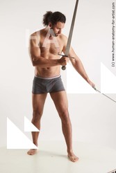 Underwear Fighting with sword Man Black Standing poses - ALL Muscular Medium Black Standing poses - simple Standard Photoshoot Academic Fighting poses - ALL