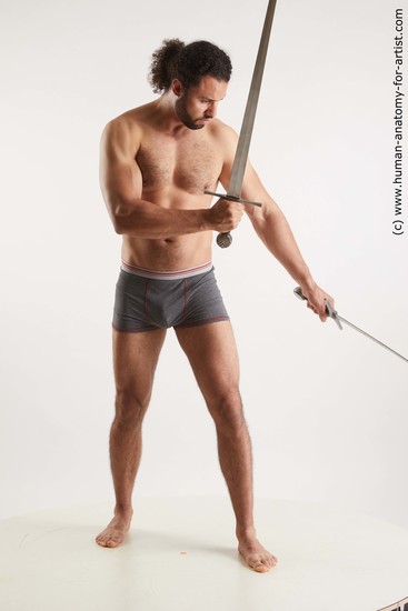 Underwear Fighting with sword Man Black Standing poses - ALL Muscular Medium Black Standing poses - simple Standard Photoshoot Academic Fighting poses - ALL