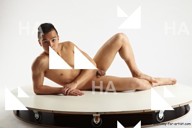 Nude Man Asian Laying poses - ALL Slim Short Laying poses - on side Black Standard Photoshoot Realistic