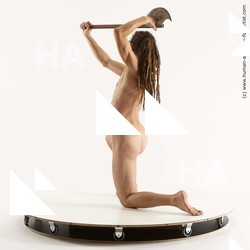 Nude Fighting with axe Man White Kneeling poses - ALL Slim Brown Kneeling poses - on one knee Dreadlocks Standard Photoshoot Realistic Fighting poses - ALL