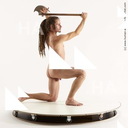 Nude Fighting with axe Man White Kneeling poses - ALL Slim Brown Kneeling poses - on one knee Dreadlocks Standard Photoshoot Realistic Fighting poses - ALL