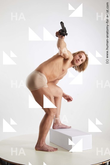 Underwear Fighting with gun Man White Standing poses - ALL Muscular Medium Brown Standing poses - simple Standard Photoshoot Academic Fighting poses - ALL