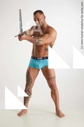 Underwear Fighting with sword Man White Standing poses - ALL Muscular Short Brown Standing poses - simple Standard Photoshoot Academic Fighting poses - ALL