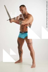 Underwear Fighting with sword Man White Standing poses - ALL Muscular Short Brown Standing poses - simple Standard Photoshoot Academic Fighting poses - ALL