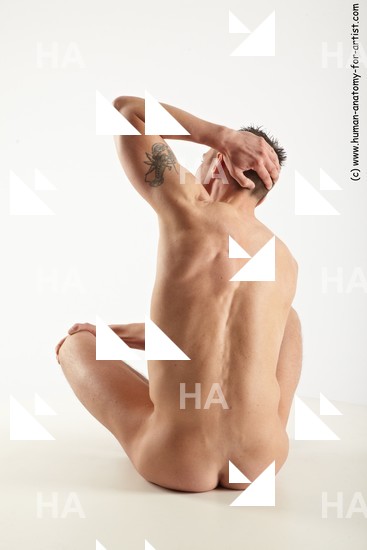 Nude Man White Sitting poses - simple Muscular Short Brown Sitting poses - ALL Standard Photoshoot Realistic